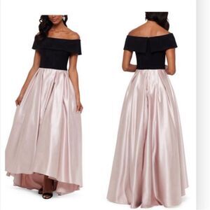 Betsy & Adam NWT Womens Beige Off-the-Shoulder Satin Ballgown Evening Dress